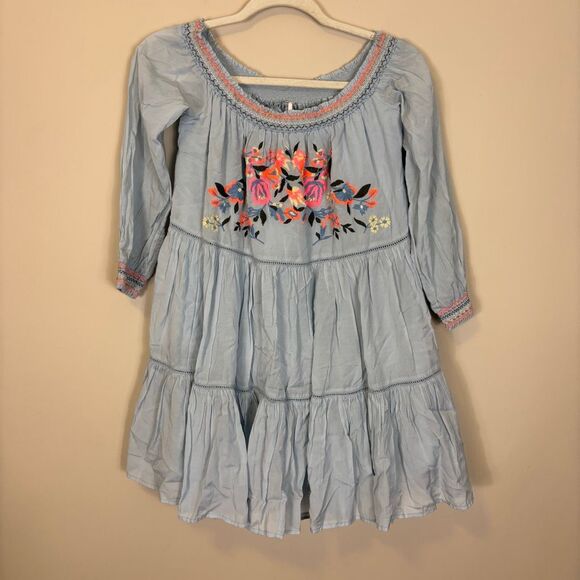 Free People Light Blue Embroidered Pink & Orange Floral Off Shoulder Dress Small - Picture 1 of 6